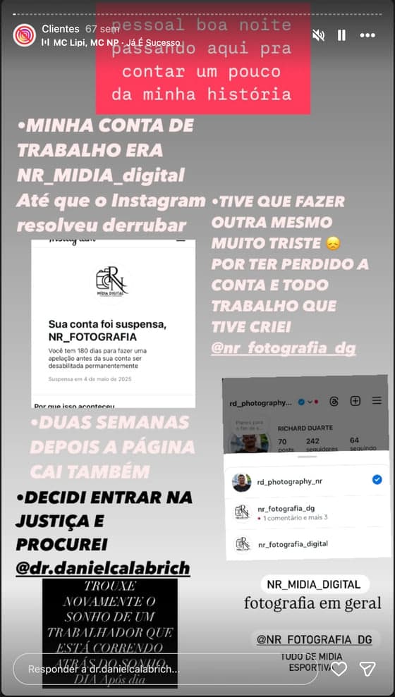 Print de story no Instagram com depoimento de cliente sobre a reativação da conta (1 de 20)