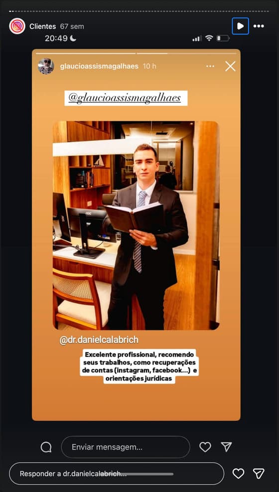 Print de story no Instagram com depoimento de cliente sobre a reativação da conta (2 de 20)