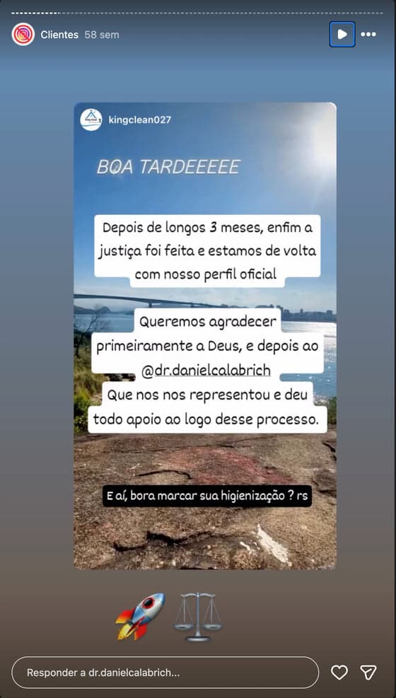 Print de story no Instagram com depoimento de cliente sobre a reativação da conta (8 de 20)